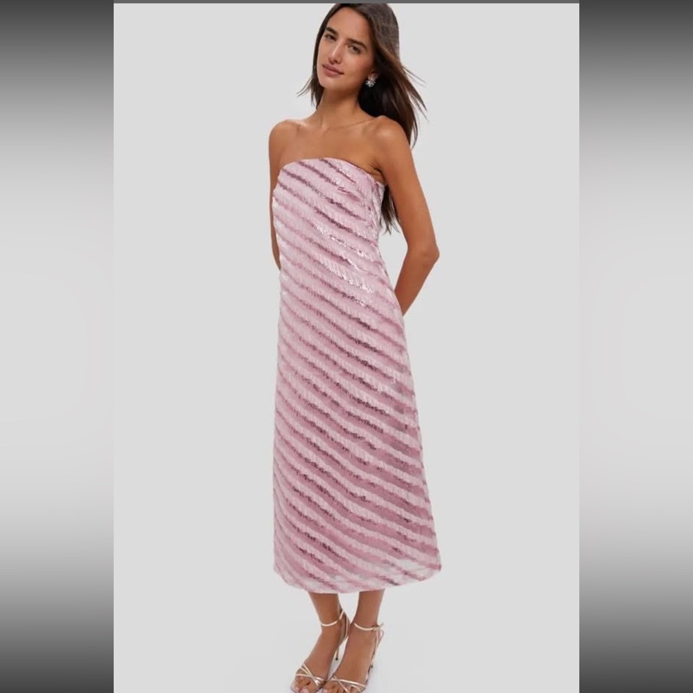 Tuckernuck Soft Pink Shimmer Stripes Mila Strapless Midi Dress Women's M NWT